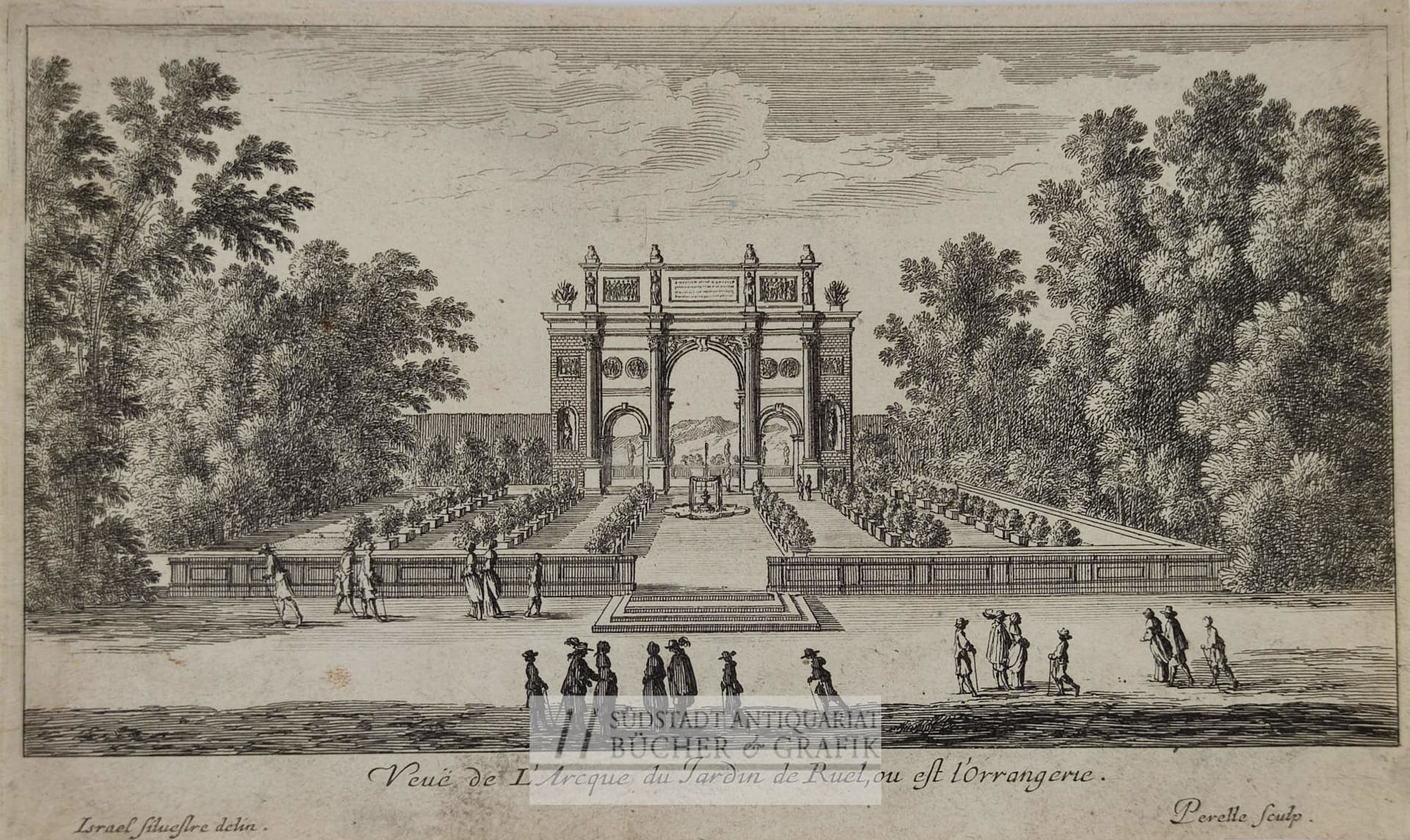 Veuë de l`Arcque du Jardin de Ruel, ouest l`Orrangerie.