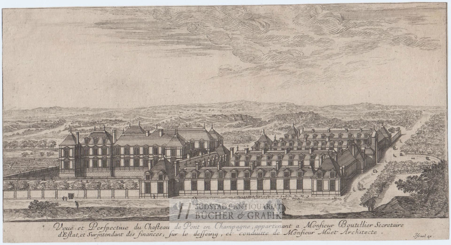 Veuë et Perspëctiue du Chasteau de Pont en Champagne.