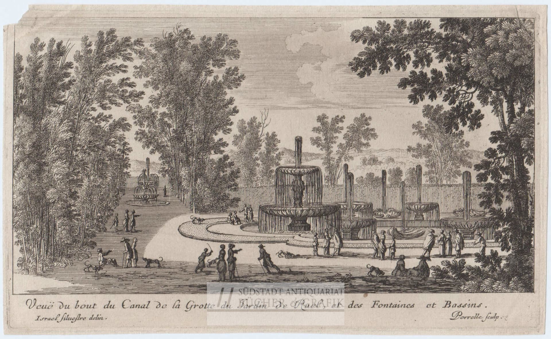 Veuë du bout du Canal de la Grotte du Jardinde Ruel, et des Fontaines et Bassins.